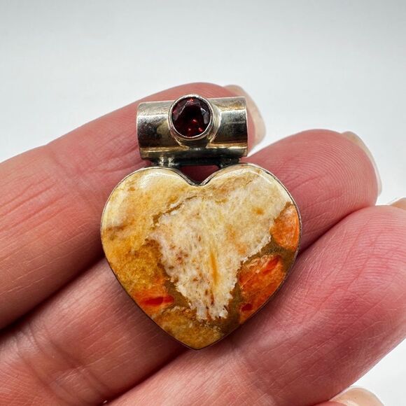 Heart shaped coral jasper and spessartite garnet in solid 925 pendant/slide! - Picture 1 of 11